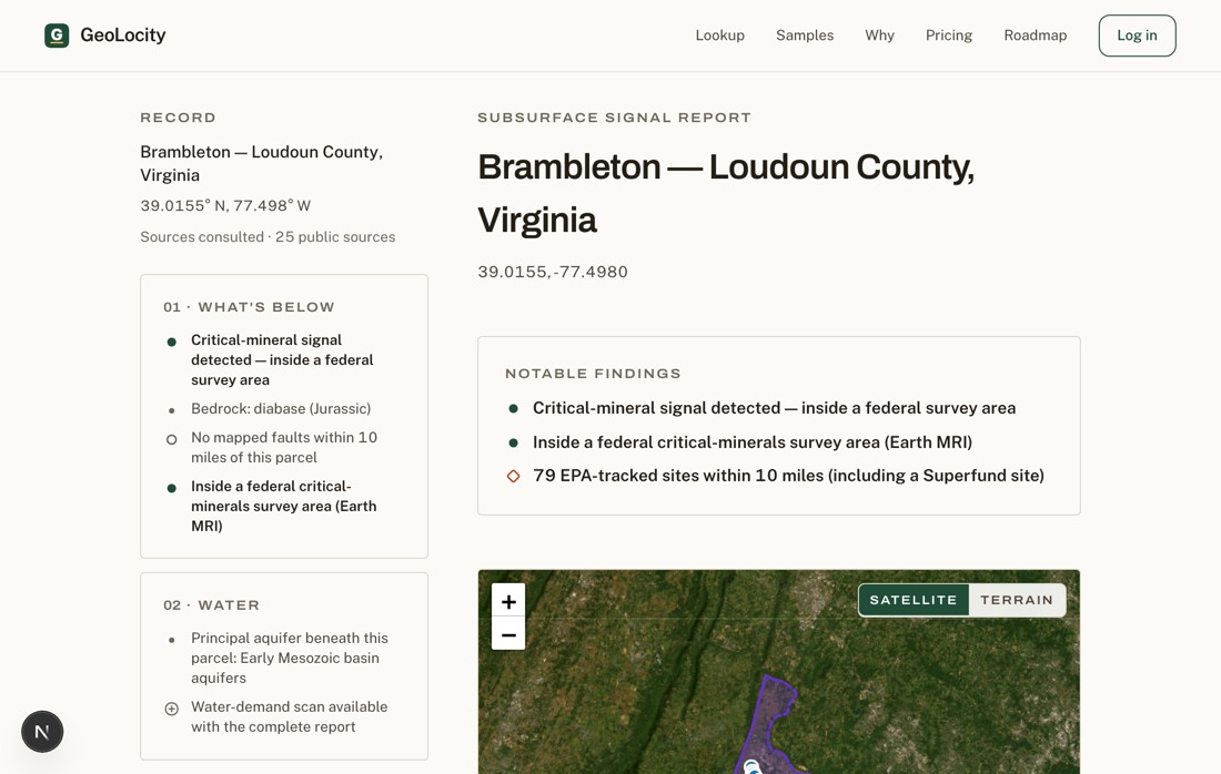 The GeoLocity sample report for Brambleton, Loudoun County, Virginia on a laptop: title, the four-chapter scorecard, notable findings, and the satellite map