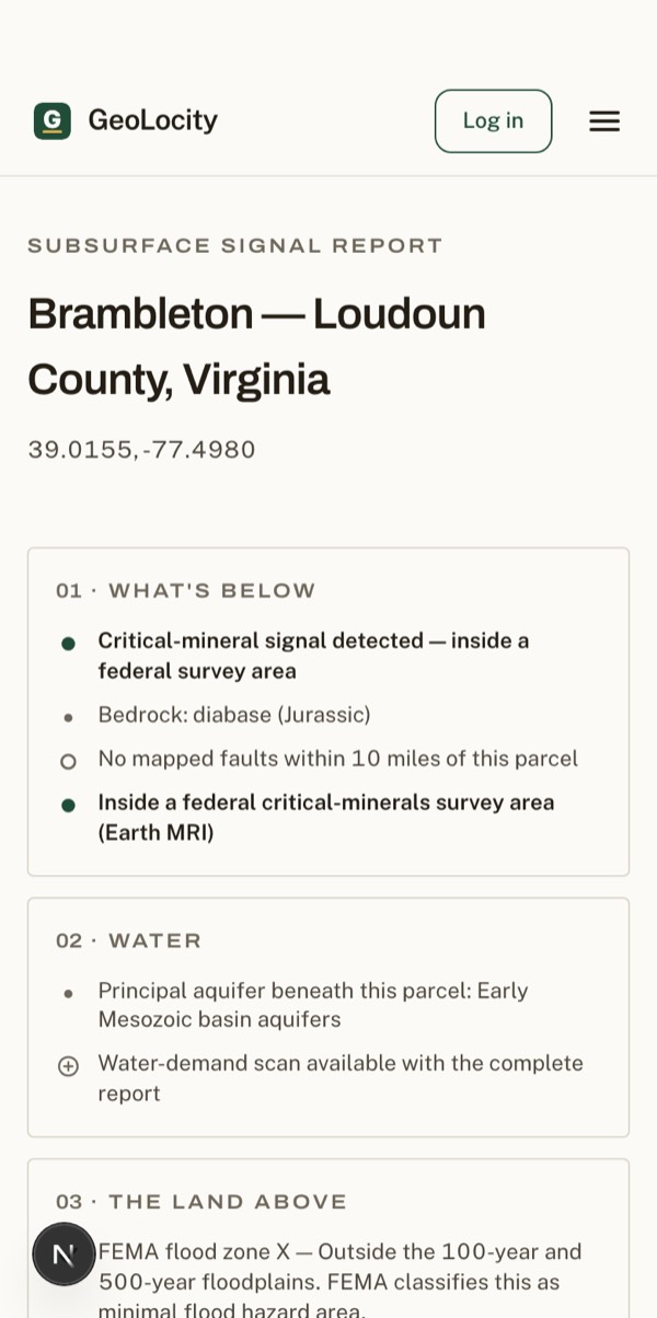 The GeoLocity sample report on a phone: title and the four-chapter scorecard